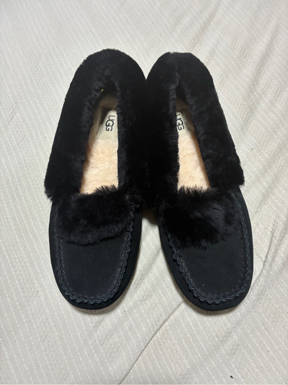 UGG Women's Black Fur-Trim Suede Moccasin Slippers